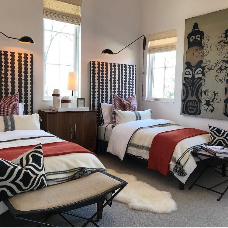 5. Repeated Checkered Bedding for Cohesive Look - red, black and white bedroom ideas