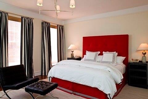 11. Tailored Red Upholstered Bed with Neutral Layers - red, black and white bedroom ideas