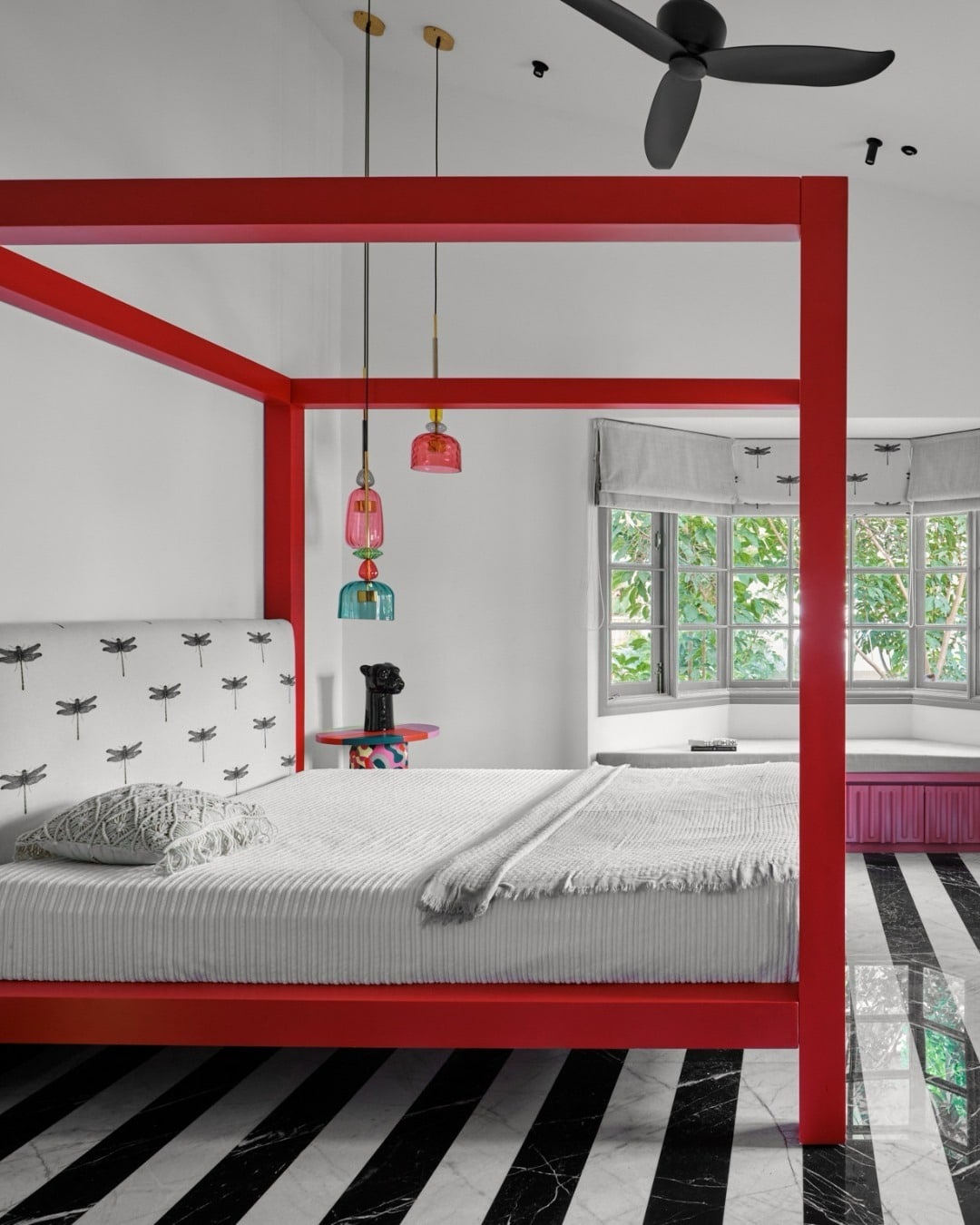 16. Contemporary Four-Poster Bed in Red Frame Design - red, black and white bedroom ideas