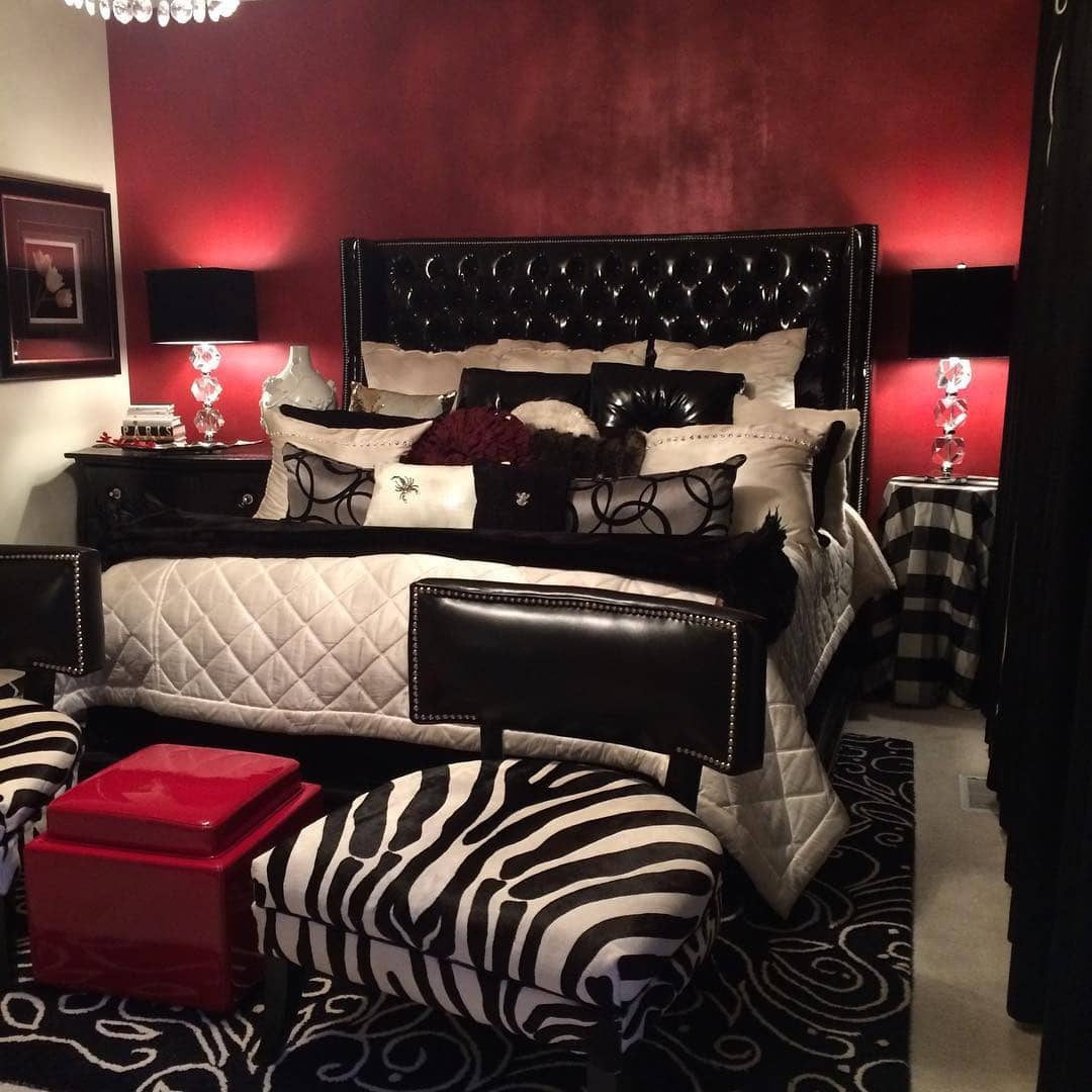 21. Glam Black Tufted Bedroom with Deep Red Walls - red, black and white bedroom ideas