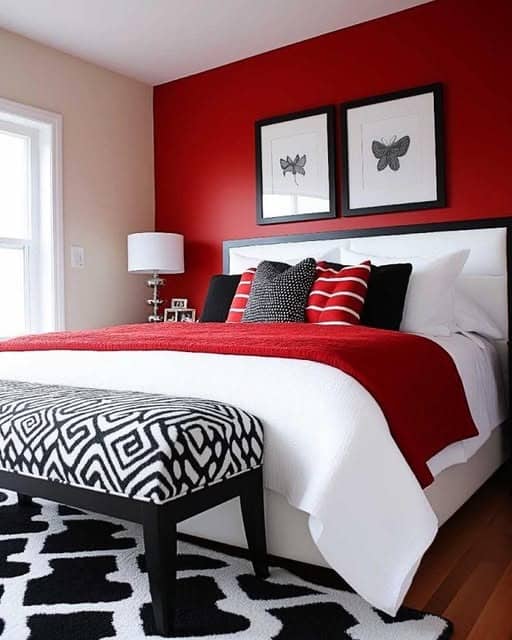 22. Clean Red Accent Wall with Black and White Pattern Play - red, black and white bedroom ideas