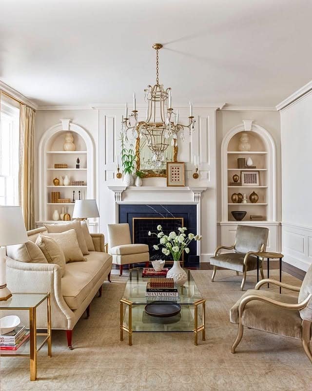 10. Refined Symmetry with Cream, Gold, and Classic Detailing - french country living room ideas