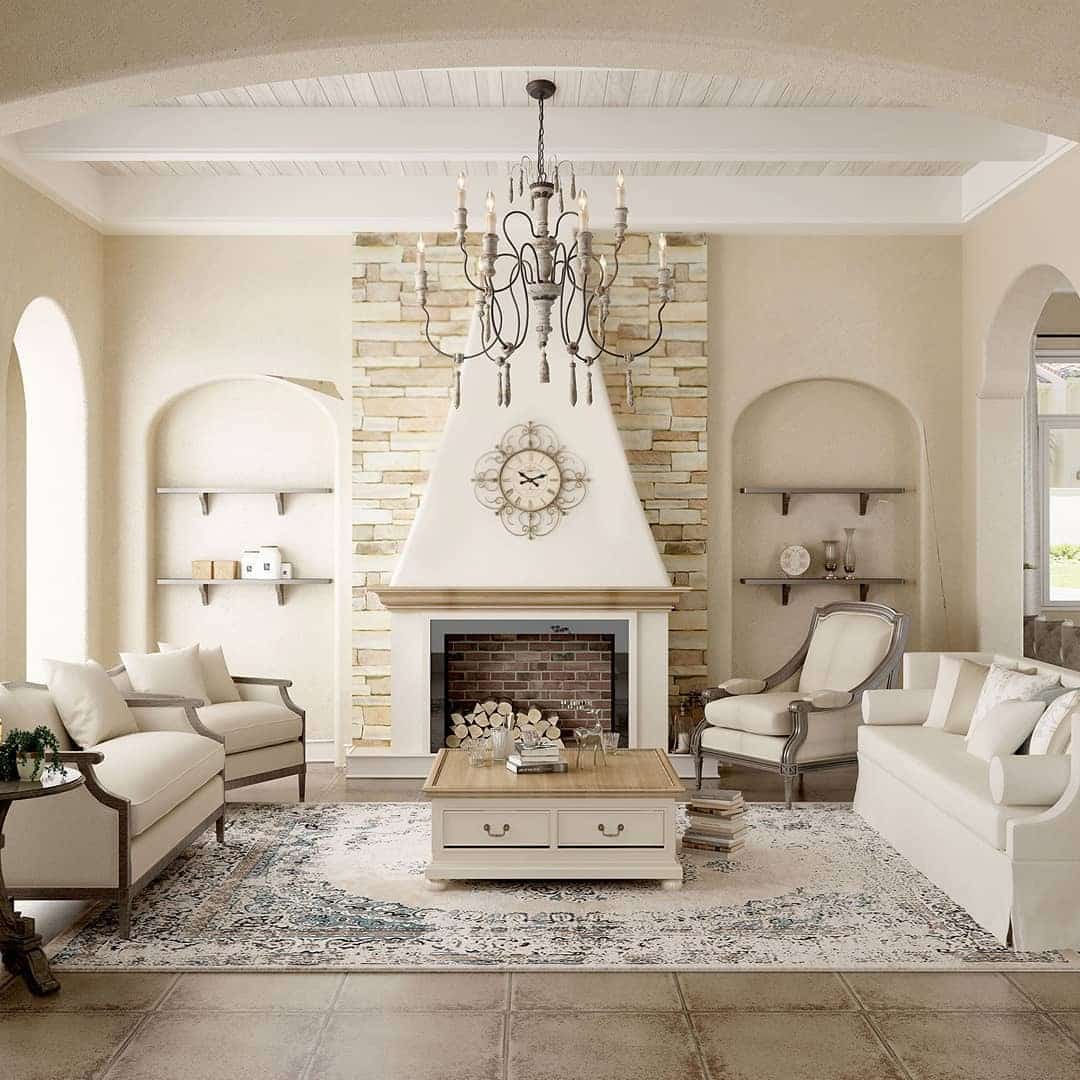 11. Classic French Country Symmetry with Cream and Soft Stone - french country living room ideas
