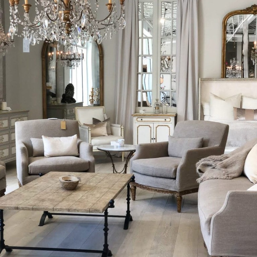 16. Soft Neutral Lounge with Crystal Lighting and Antique Details - french country living room ideas