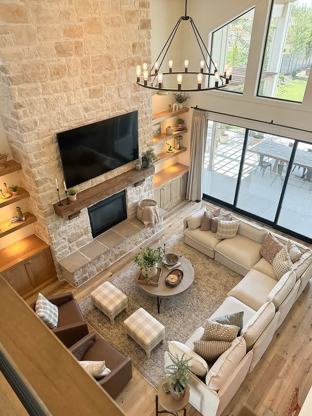 19. Modern Rustic French Country with Stone and Warm Neutrals - french country living room ideas