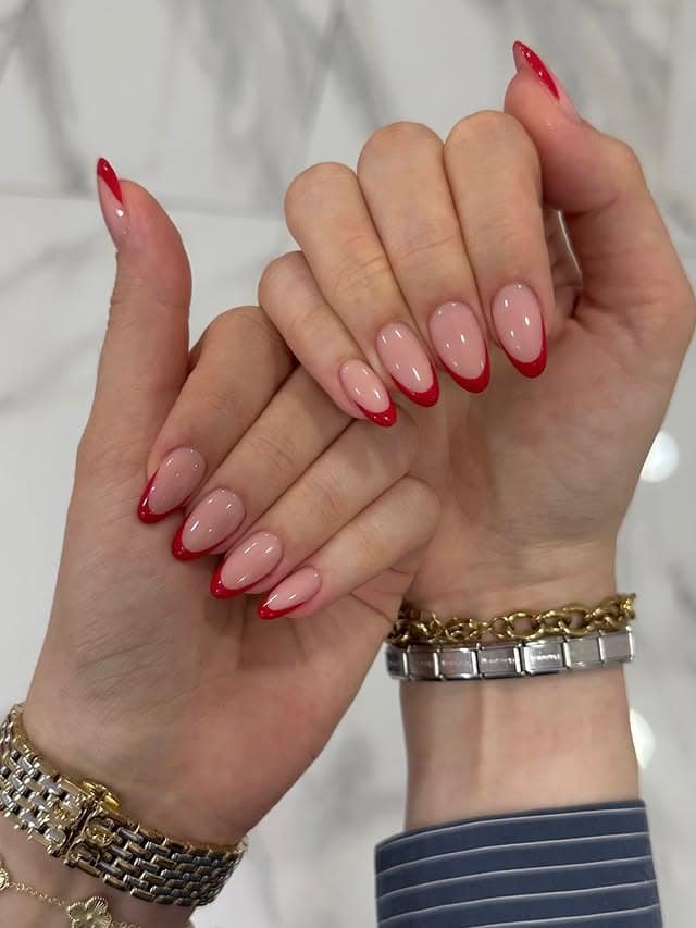 3. Red French Tip Almond Nails - french tip coffin nail ideas