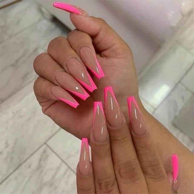 6. Neon Pink V-Cut French Tip Coffin Nails - french tip coffin nail ideas