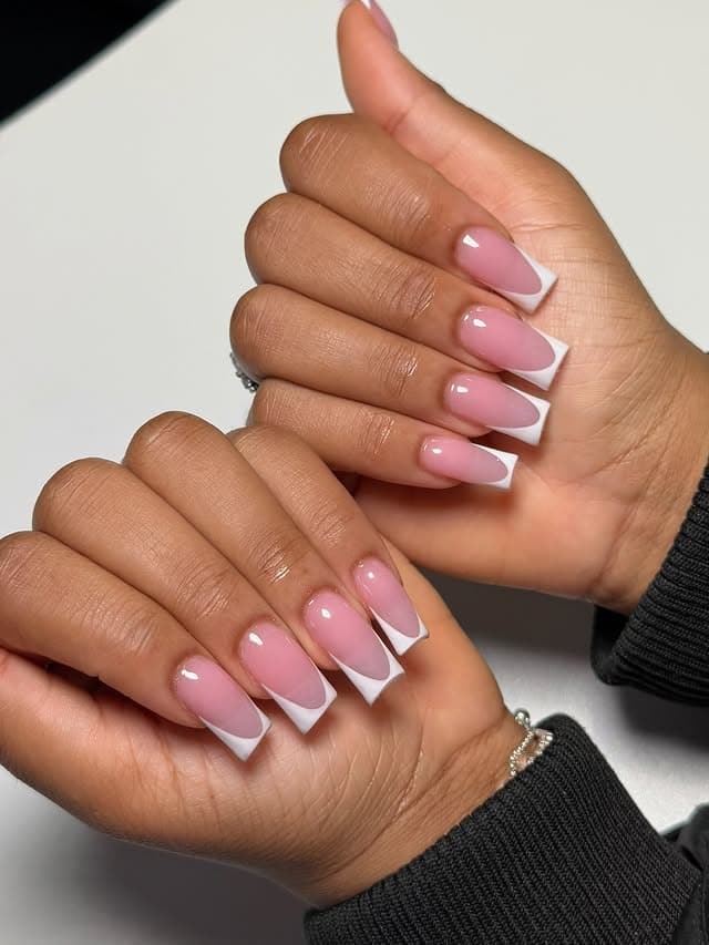 8. Square French Tip Pink Acrylic Nails - french tip coffin nail ideas