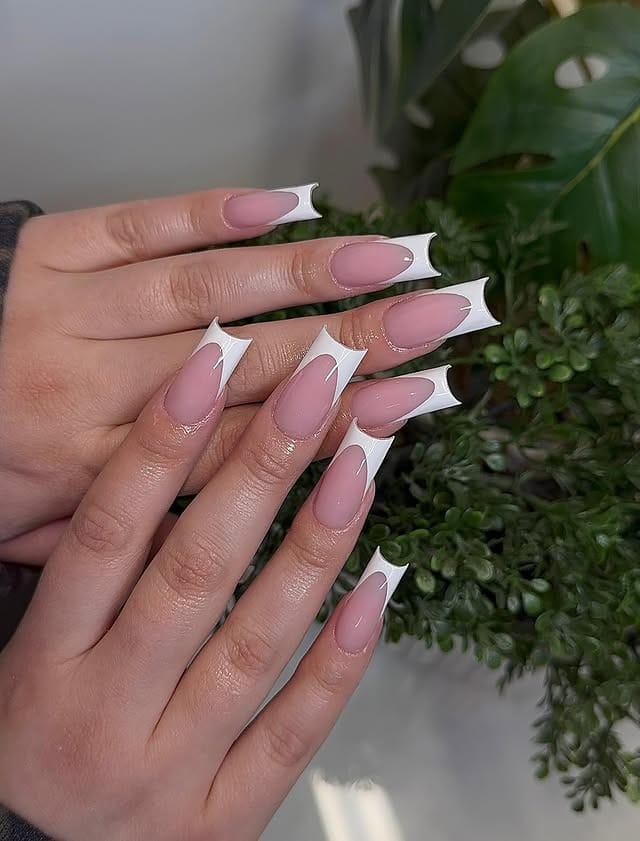 9. Sculpted Edge French Tip Coffin Nails - french tip coffin nail ideas