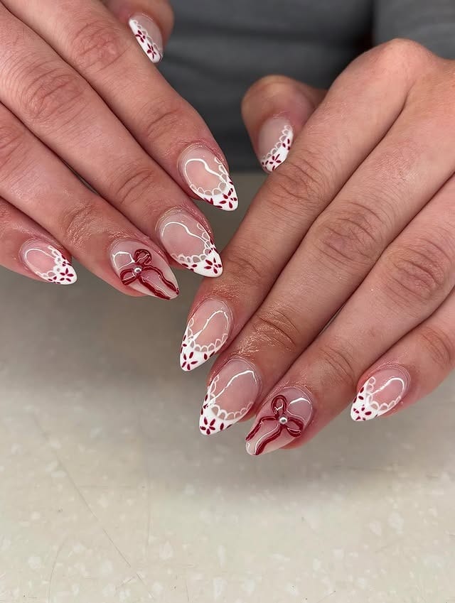 11. Lace Heart French Tip Almond Nails in White and Red - french tip coffin nail ideas