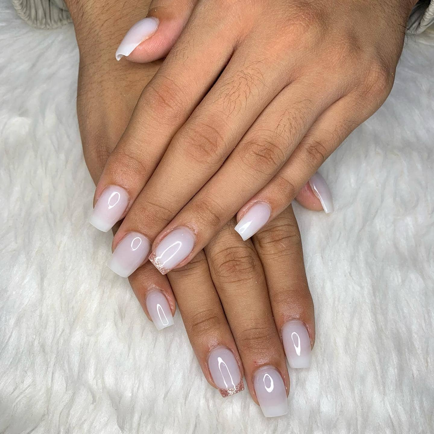 12. Milky White Ombre Square Nails with Glitter Tips - french tip coffin nail ideas