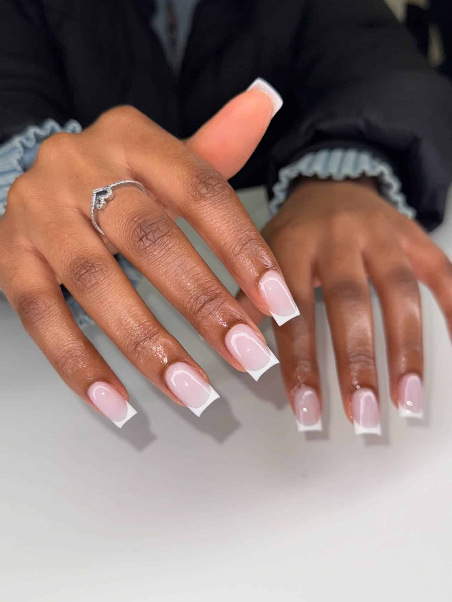 13. Classic White French Tip Square Nails with Glossy Nude Base - french tip coffin nail ideas