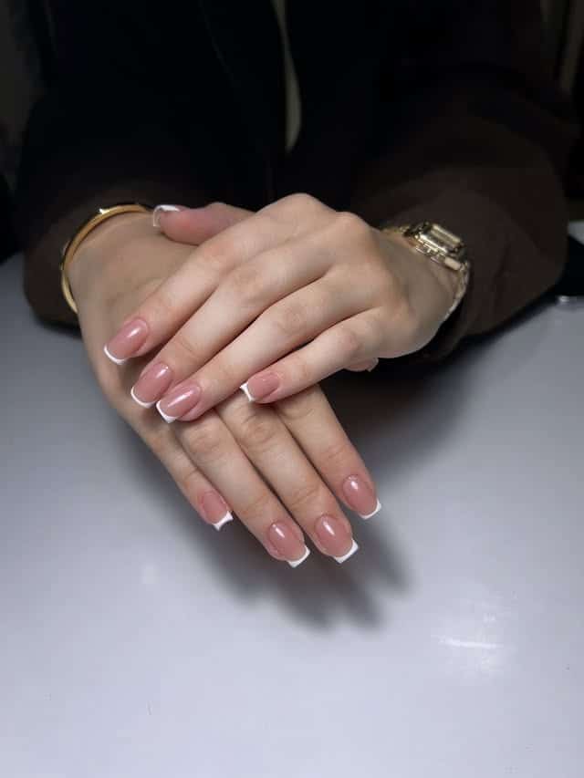 14. Natural Pink French Tip Short Square Nails - french tip coffin nail ideas