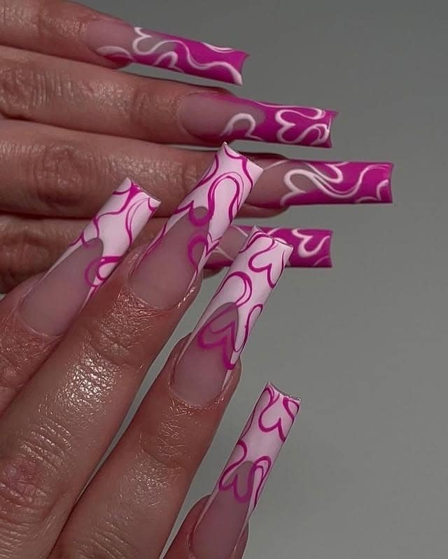 18. Pink and White Abstract French Tip Coffin Nails - french tip coffin nail ideas