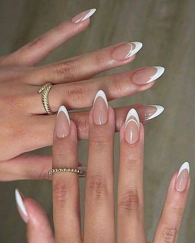 19. Modern Double Line French Tip Almond Nails in White - french tip coffin nail ideas