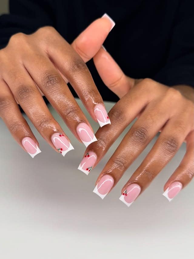 20. Minimal French Tip Square Nails with Red Accent Details - french tip coffin nail ideas