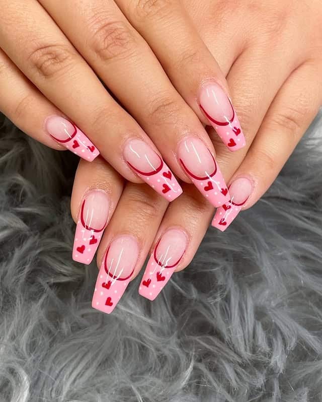 21. Pink French Tip Coffin Nails with Red Heart Drip Design - french tip coffin nail ideas