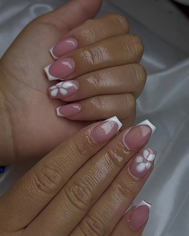 22. Soft Pink French Tip Square Nails with White Floral Accents - french tip coffin nail ideas