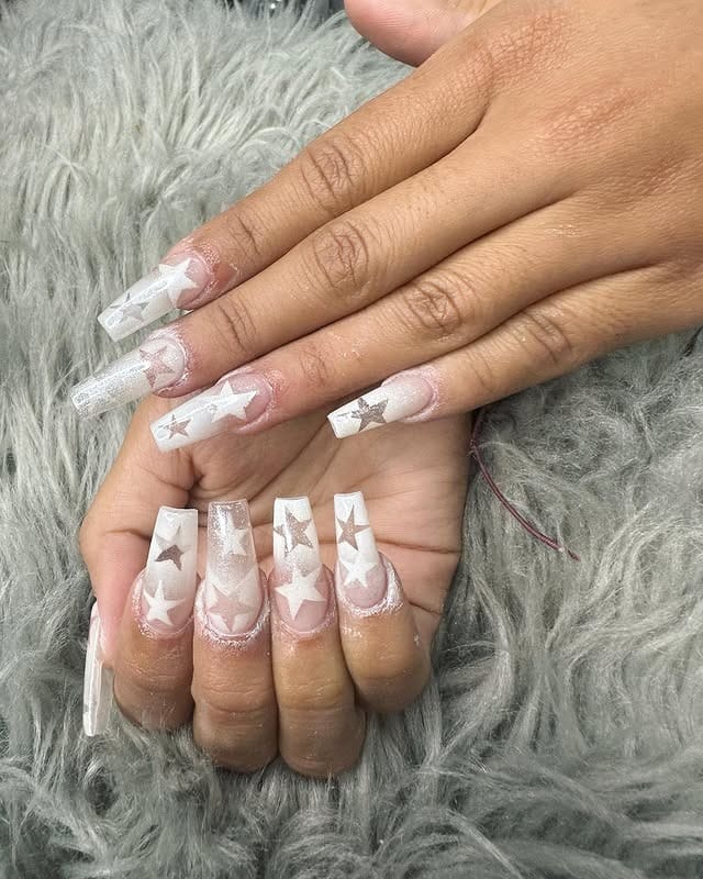 2. White Star Glitter Acrylic Nails - first day of school nail ideas
