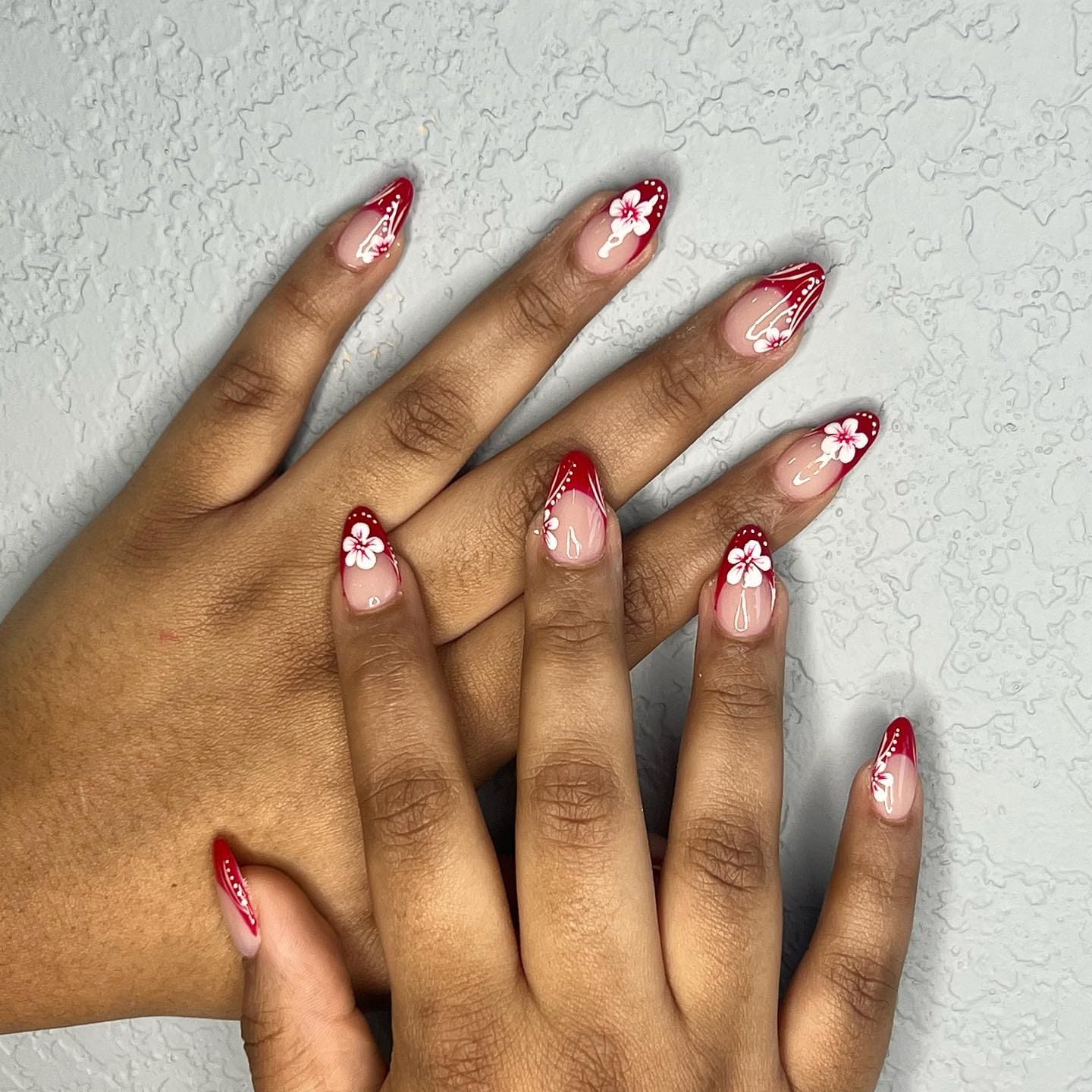 3. Red Floral Almond Nails - first day of school nail ideas