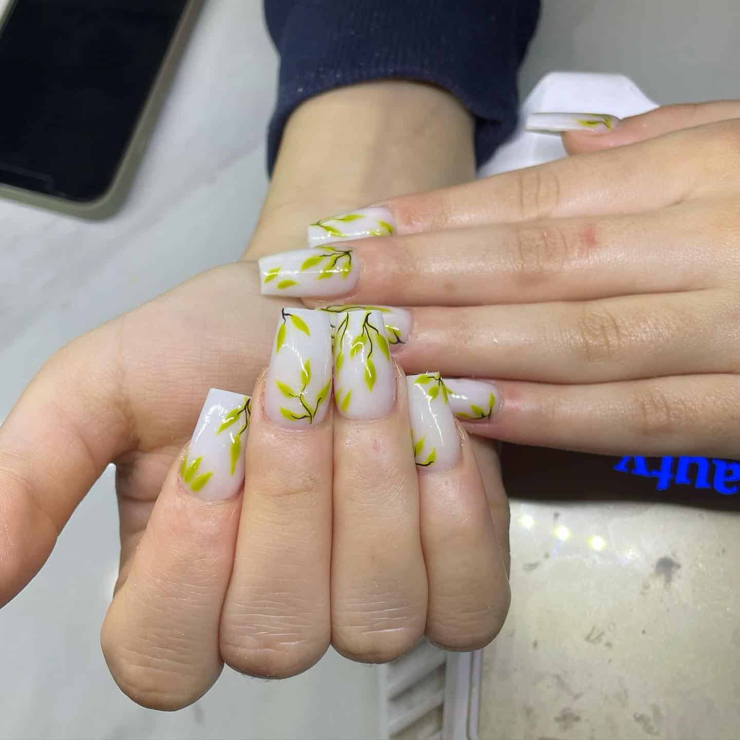7. Green Leaf Minimalist Square Nails - first day of school nail ideas