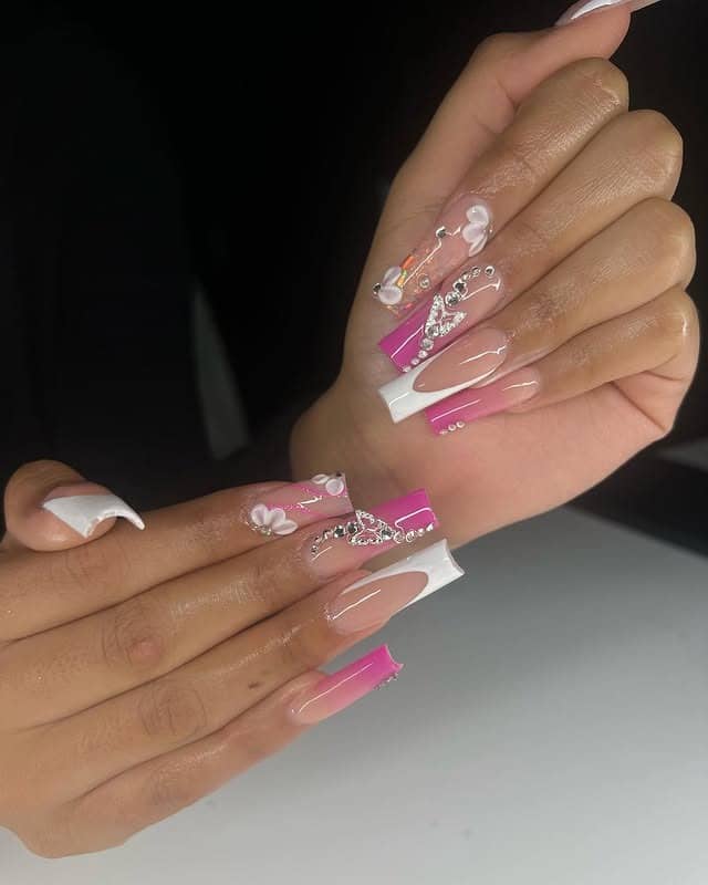 8. Pink French Tip Glam Coffin Nails - first day of school nail ideas