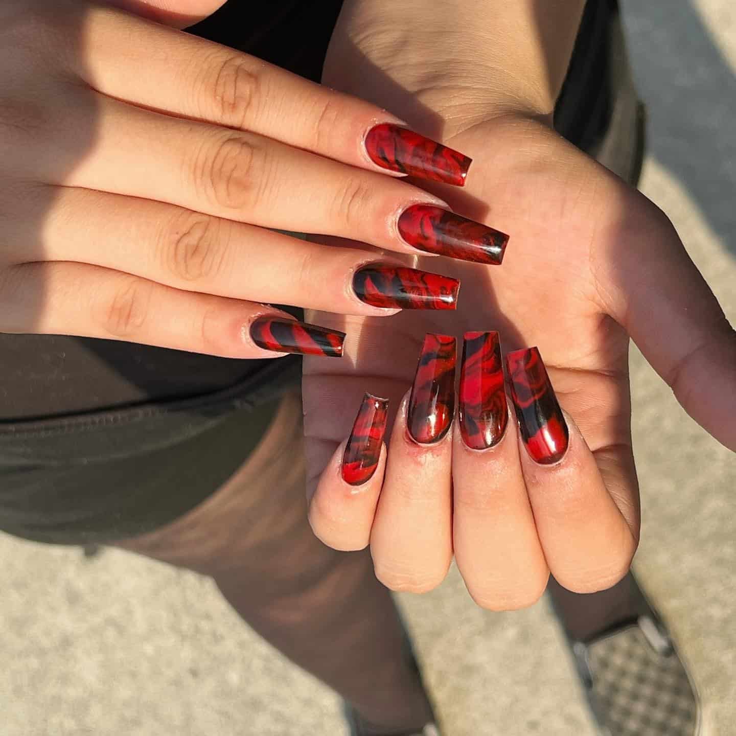 10. Red and Black Marble Coffin Nails - first day of school nail ideas