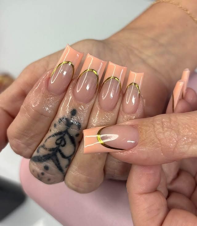 11. Peach French Tip Square Nails with Gold Chrome Lines - first day of school nail ideas
