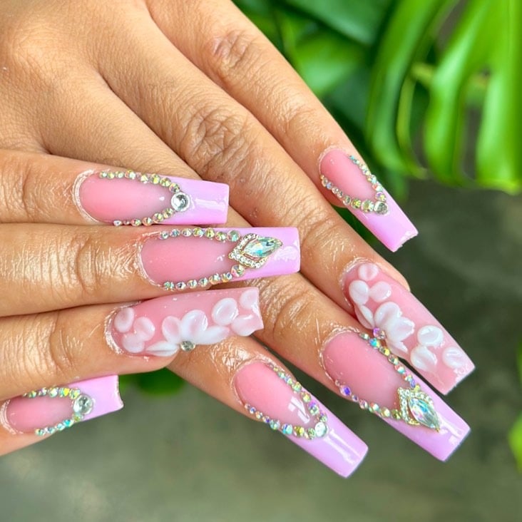 12. Pink Rhinestone Floral Coffin Nails - first day of school nail ideas
