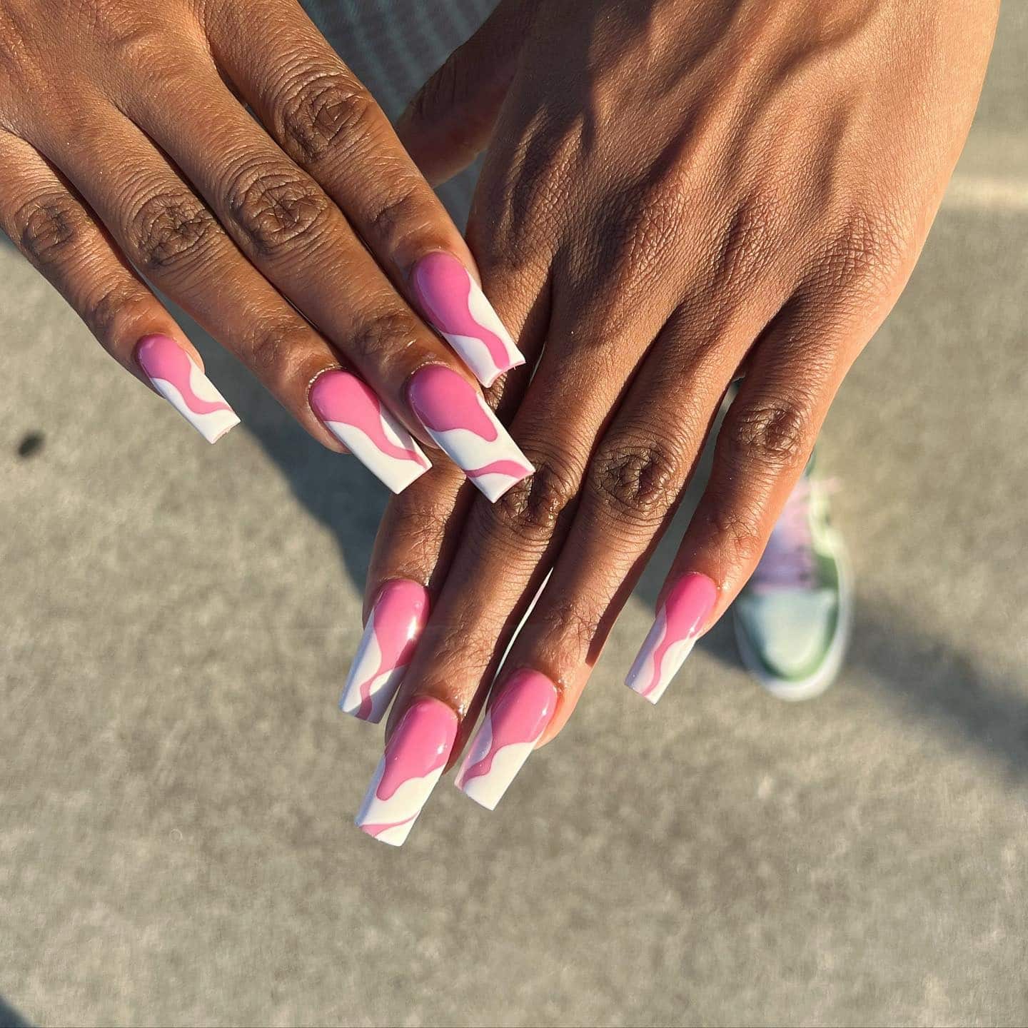 14. Pink and White Swirl Coffin Nails - first day of school nail ideas