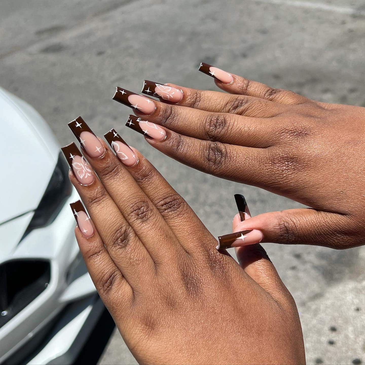 15. Chocolate Brown French Tip Floral Nails - first day of school nail ideas