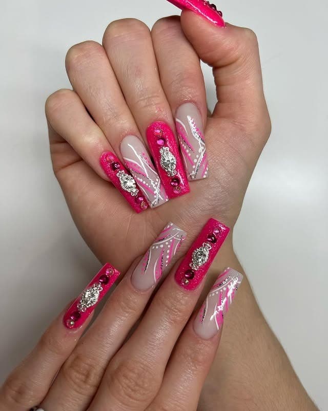 16. Neon Pink Rhinestone Glam Nails - first day of school nail ideas