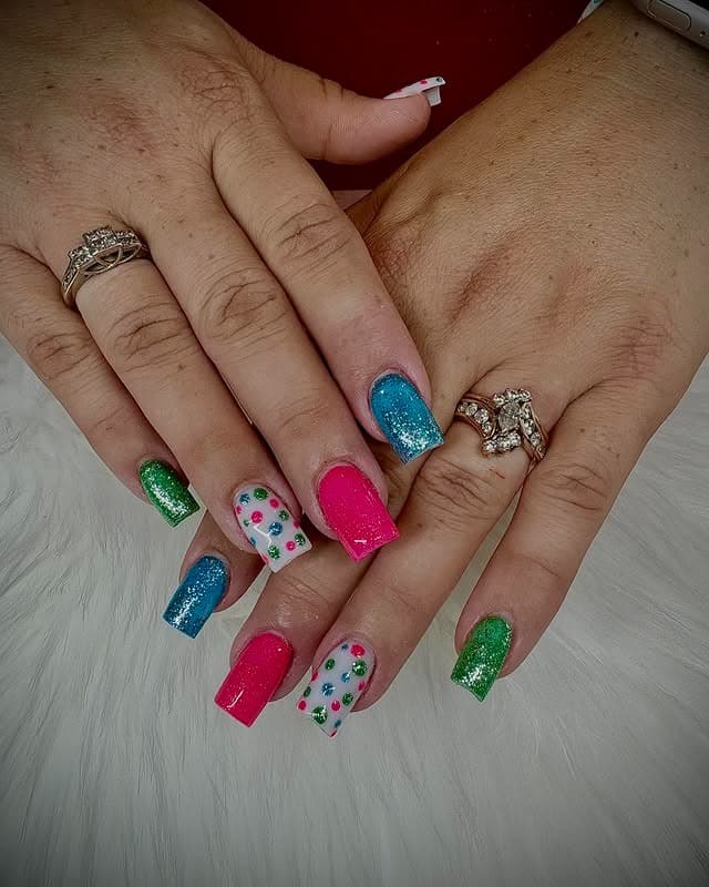 17. Multicolor Glitter Square Nails - first day of school nail ideas