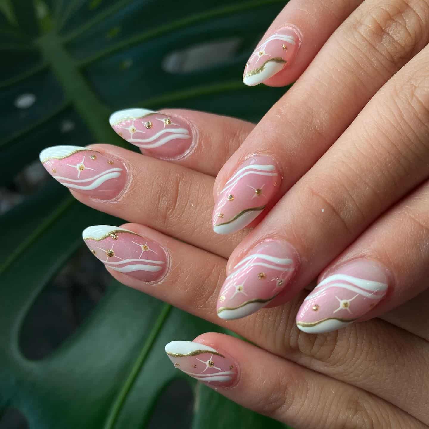 20. White and Gold Swirl Almond Nails - first day of school nail ideas