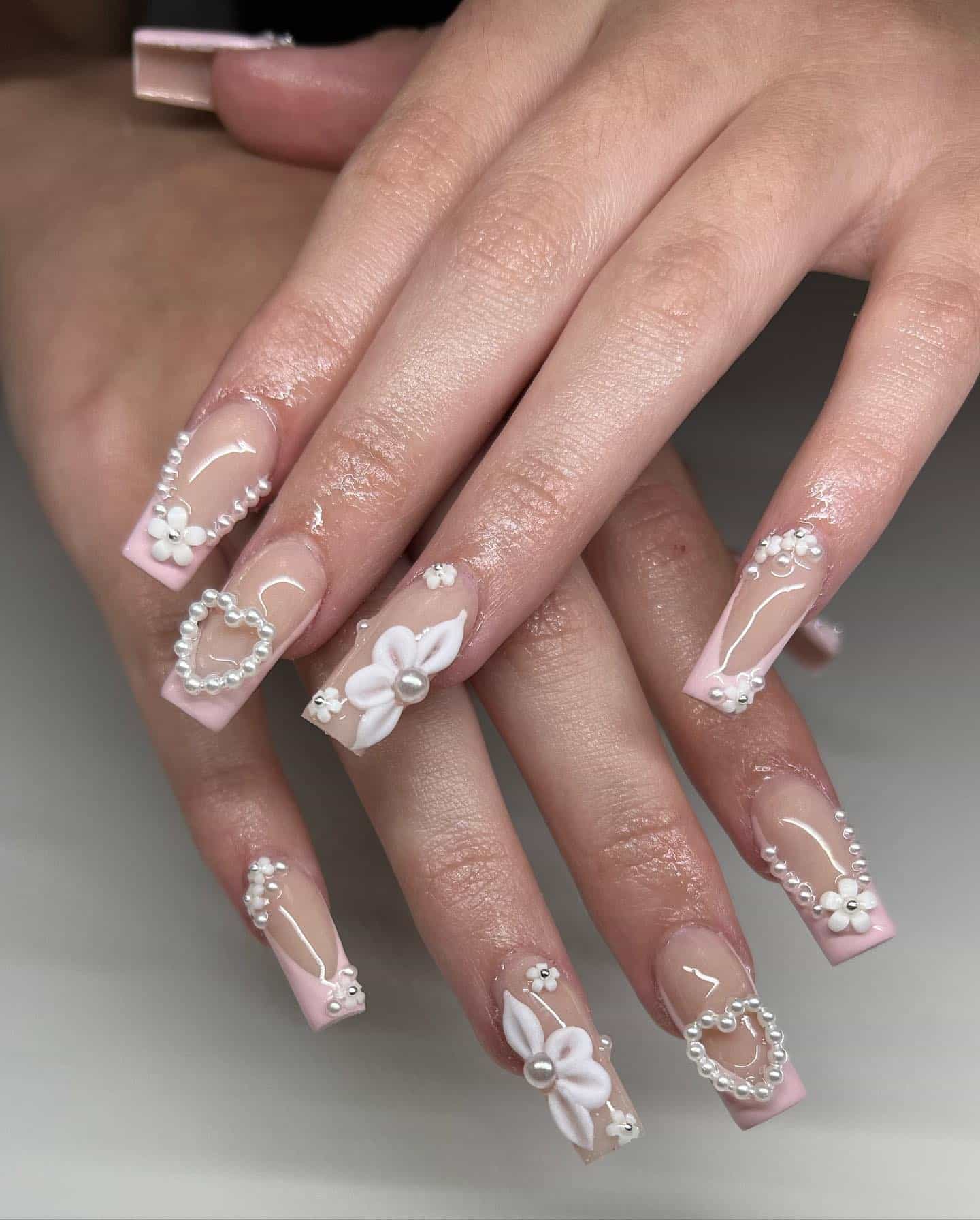 21. Blush Pink Pearl Bow Coffin Nails - first day of school nail ideas