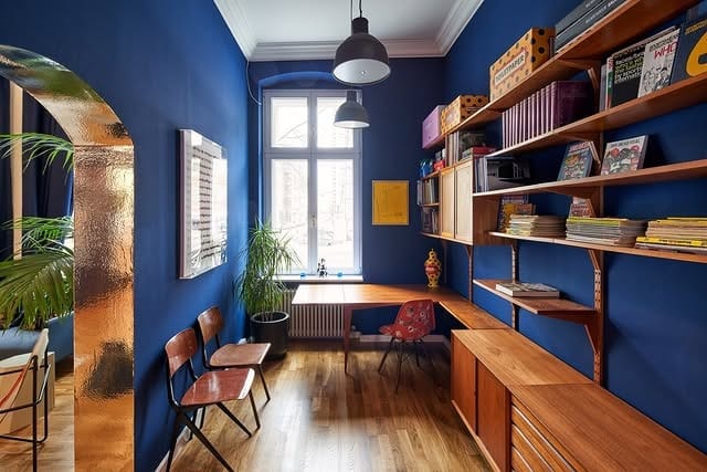 1. Bold Sapphire Office With Warm Wood Accents - creative office ideas