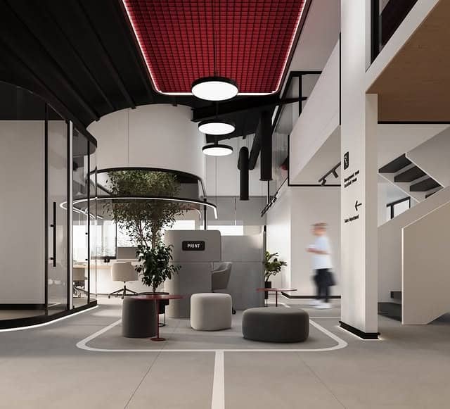 6. Minimal Monochrome Office Lobby With Statement Ceiling - creative office ideas