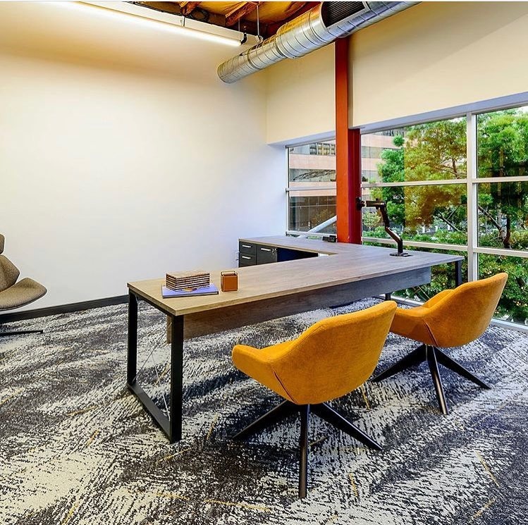 9. Industrial Office With Mustard Accent Seating - creative office ideas