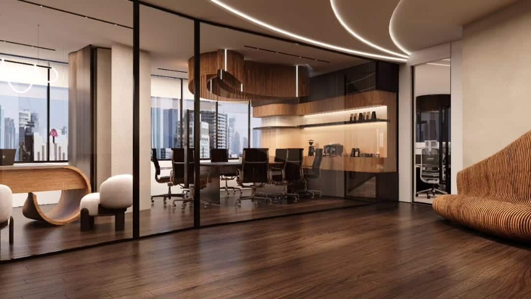 14. Curved Walnut Office With Ambient Lighting - creative office ideas