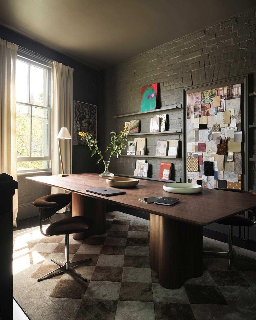 22. Moody Charcoal Studio Office With Walnut Accents - creative office ideas