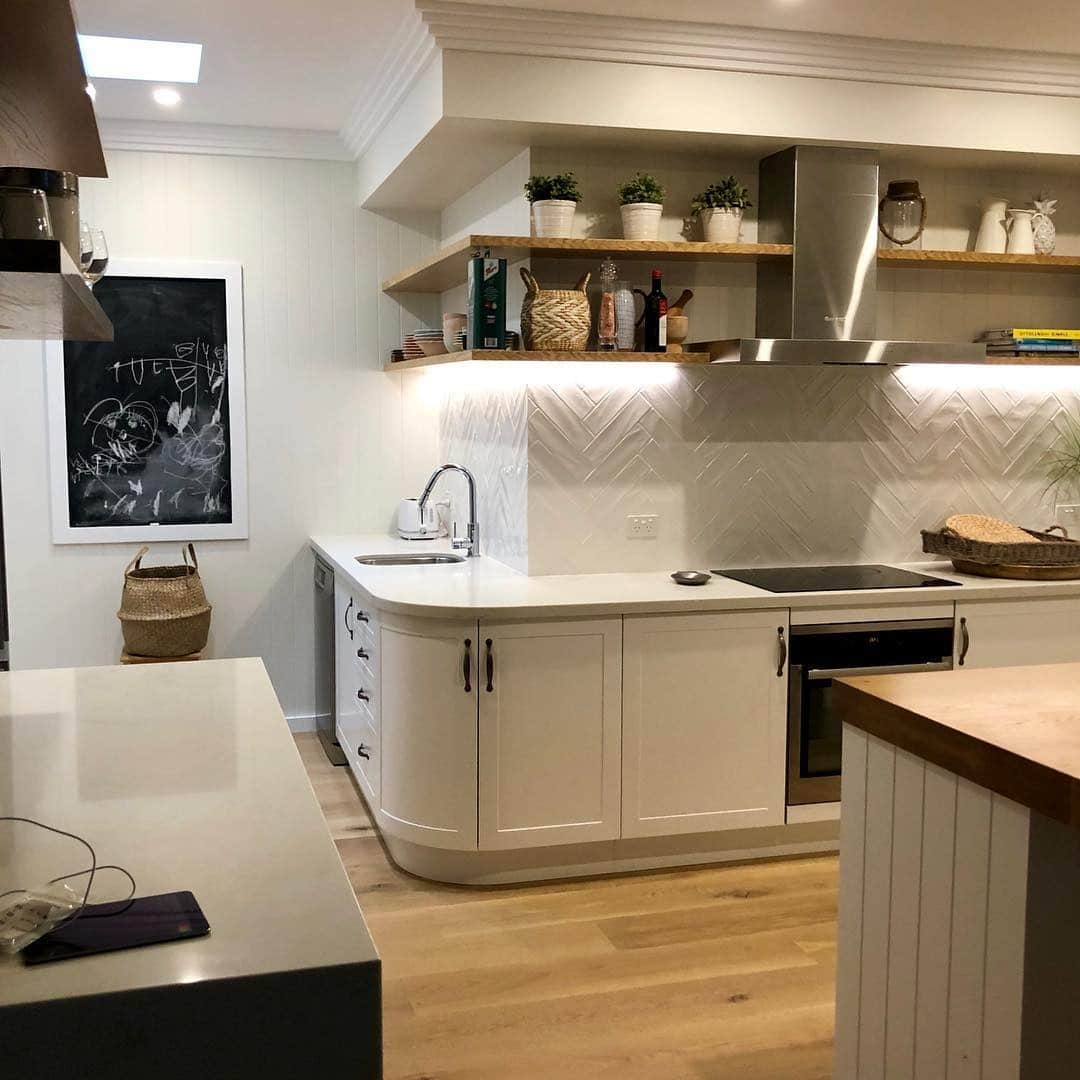 6. Warm Neutral Corner Kitchen With Open Shelving - corner kitchen ideas