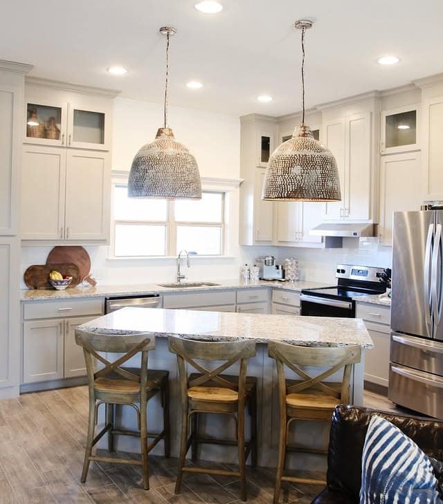 7. Elegant Gray Corner Kitchen With Statement Pendants - corner kitchen ideas
