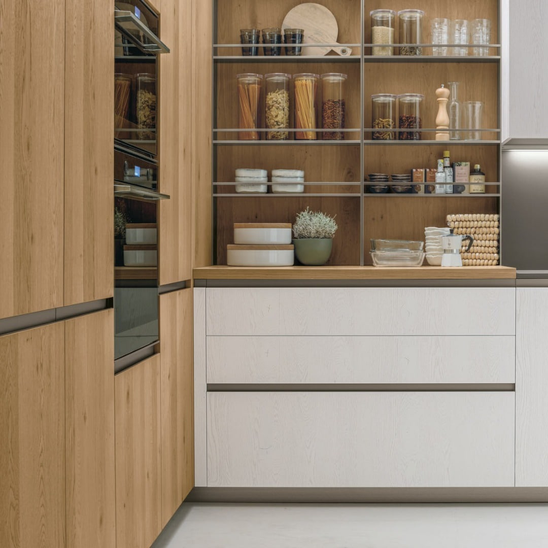 8. Modern Wood and White Corner Kitchen Storage Design - corner kitchen ideas