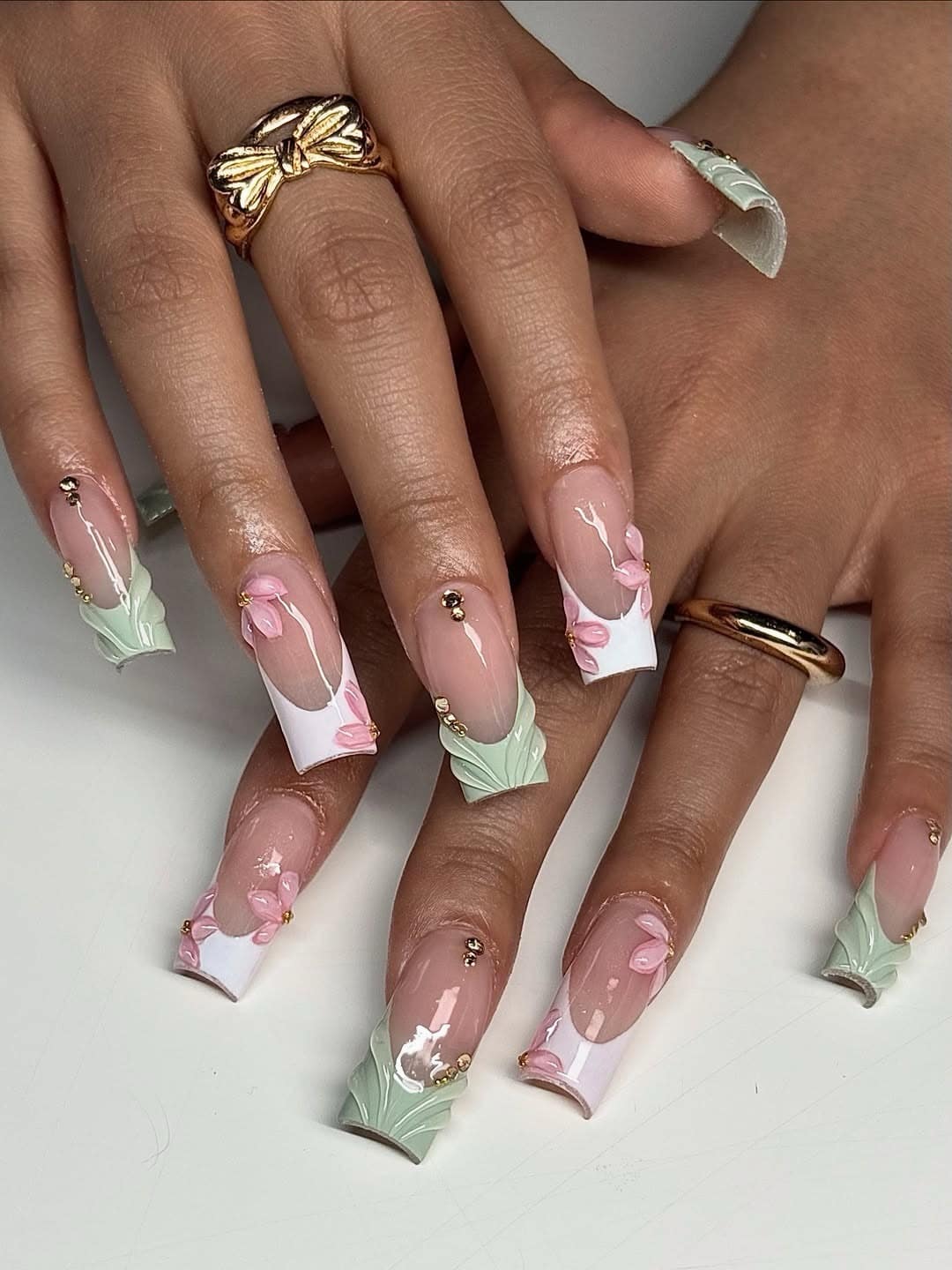 3. Pastel Garden French Tip Square Nails - flower nail ideas