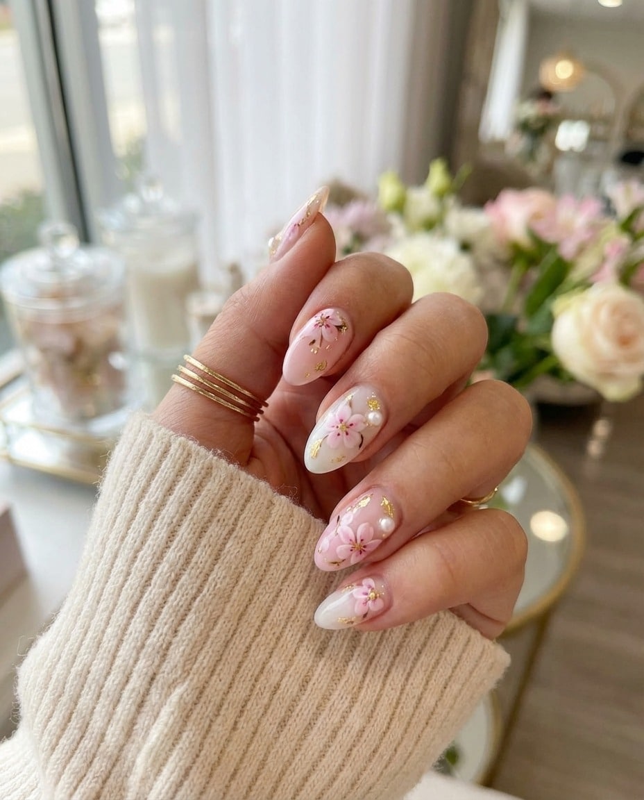 5. Cherry Blossom Pearl Almond Nails - flower nail ideas
