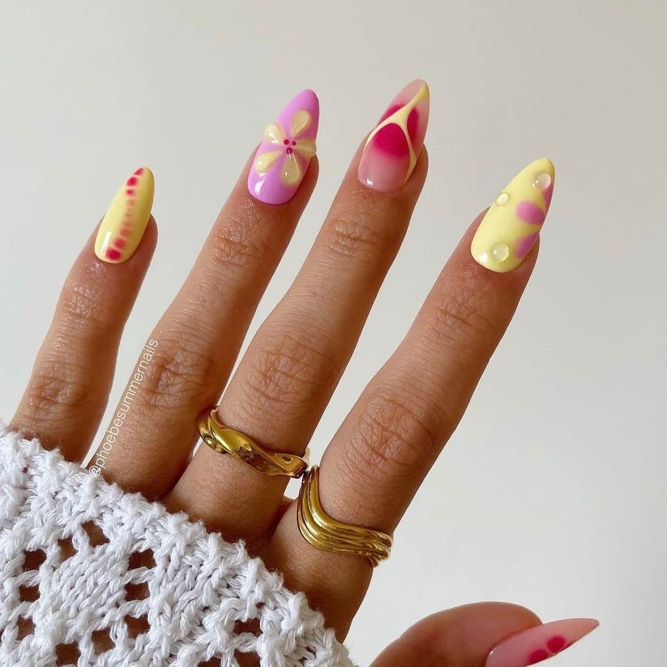 6. Retro Bloom Pink and Yellow Almond Nails - flower nail ideas