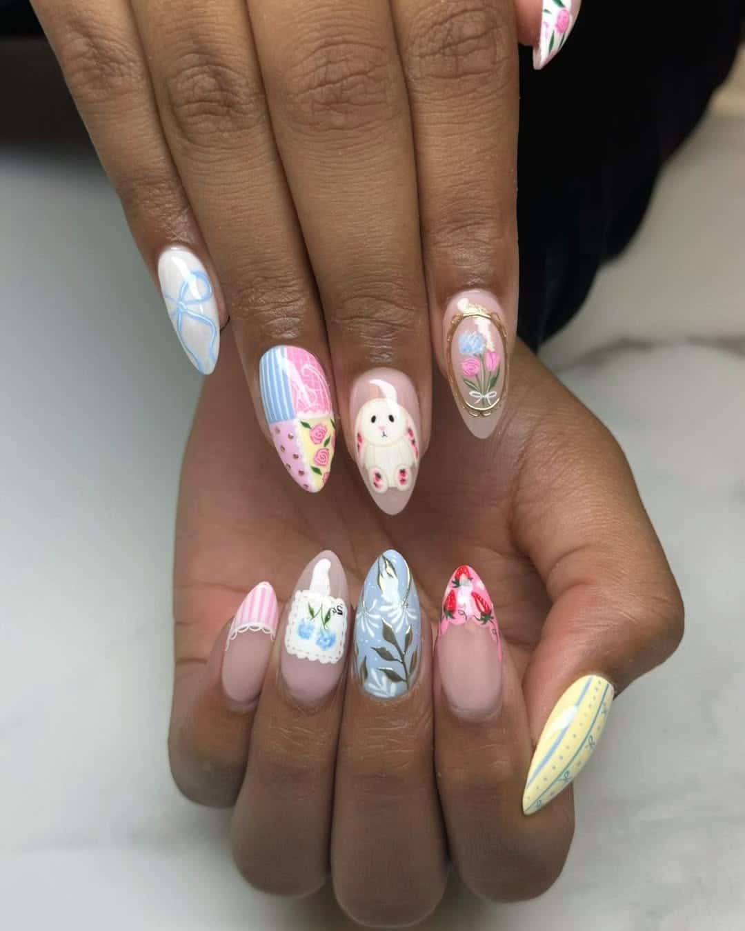 7. Cottagecore Bunny Floral Almond Nails - flower nail ideas