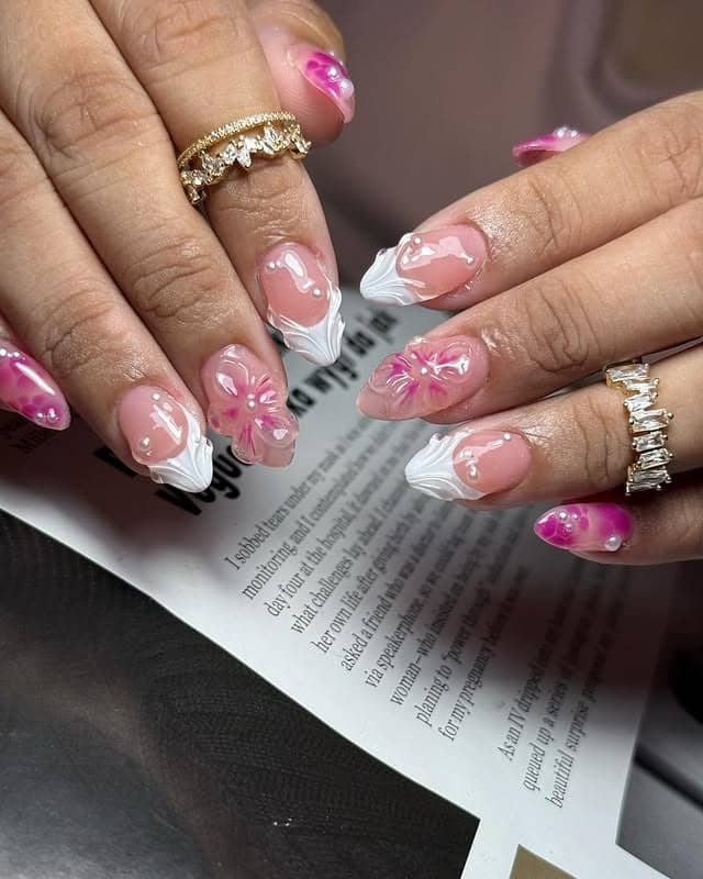 8. Pink Hibiscus Aura Almond Nails - flower nail ideas