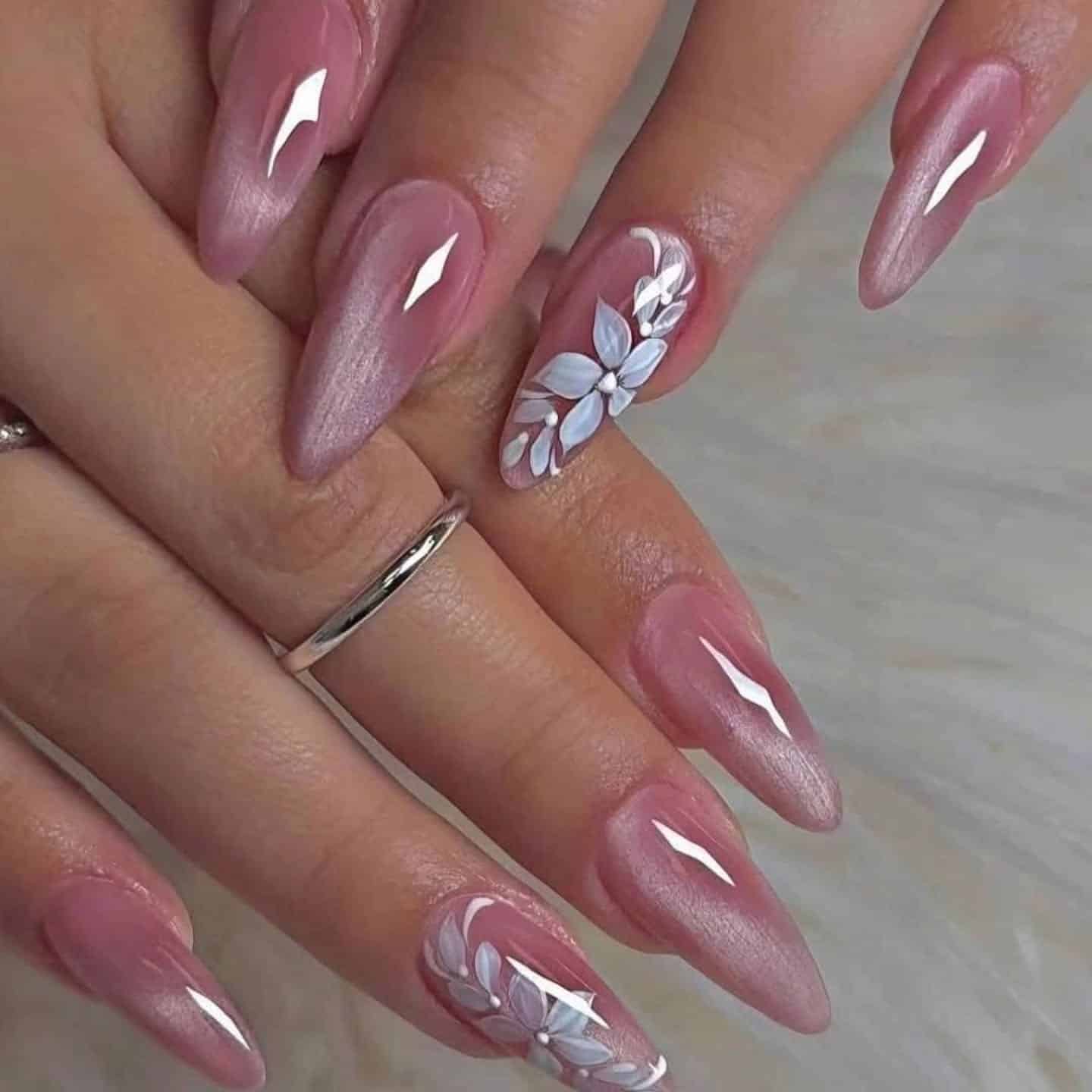 13. Pearl Pink Floral Chrome Almond Nails - flower nail ideas