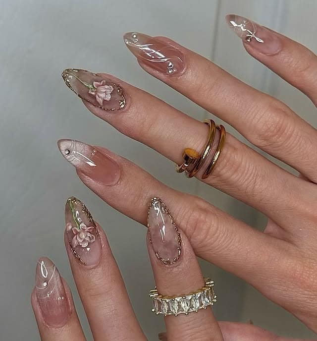 16. Neutral 3D Floral Almond Nails - flower nail ideas